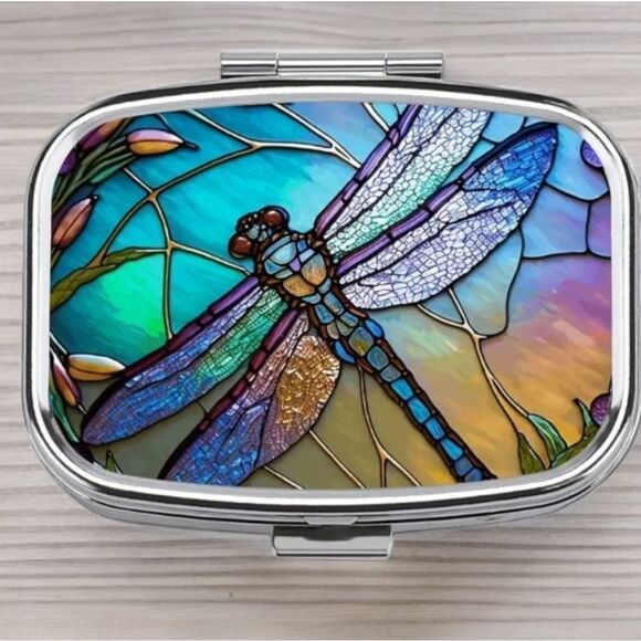Dragonfly Pill Box Silver Medicine Mini Tin Case Mirrored Travel Purse Size Duo - Picture 1 of 7